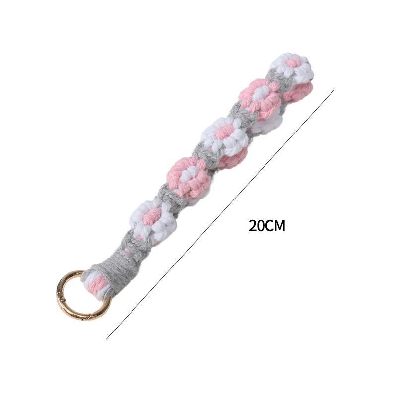 ボヘミアン風ハンドメイドデイジーキーホルダー カラフル編みリストレット 携帯チャーム バッグアクセサリー