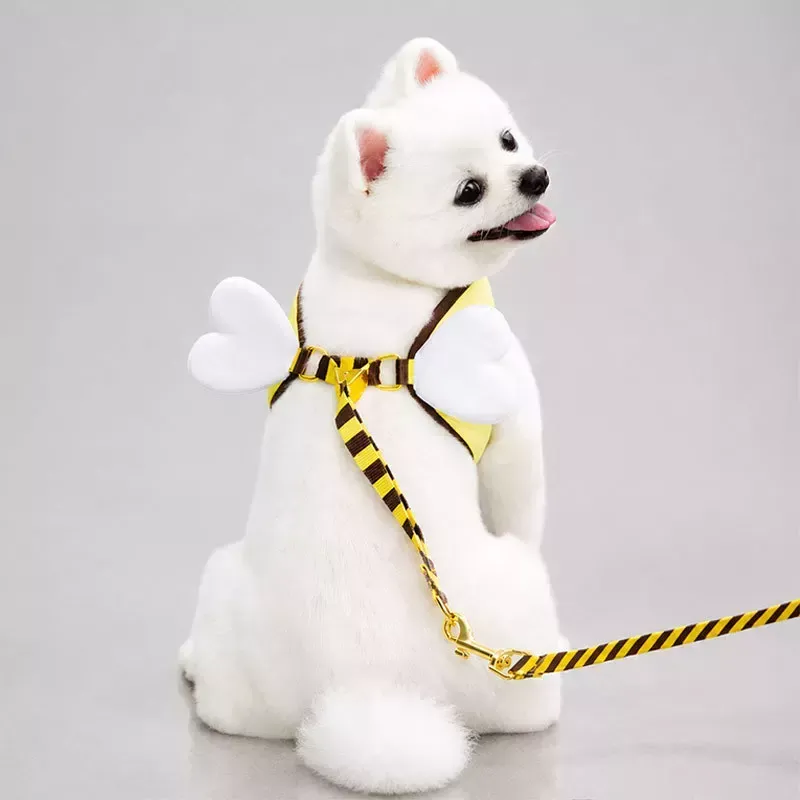 ミツバチ柄 ペット用ハーネス＆リードセット｜犬・猫用 胸当てハーネス お散歩リード付き 調節可能 小型犬・猫用