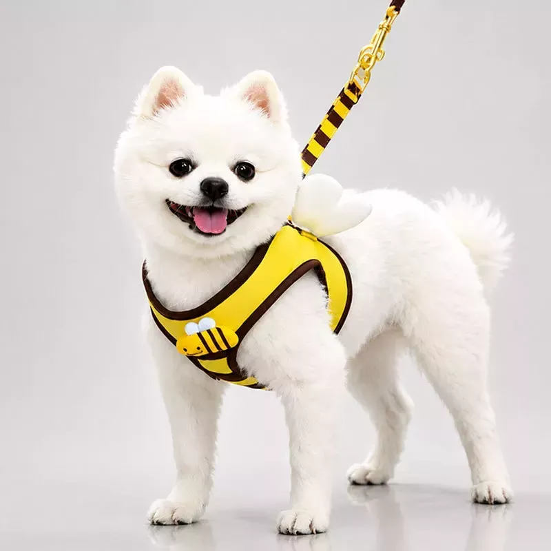 ミツバチ柄 ペット用ハーネス＆リードセット｜犬・猫用 胸当てハーネス お散歩リード付き 調節可能 小型犬・猫用