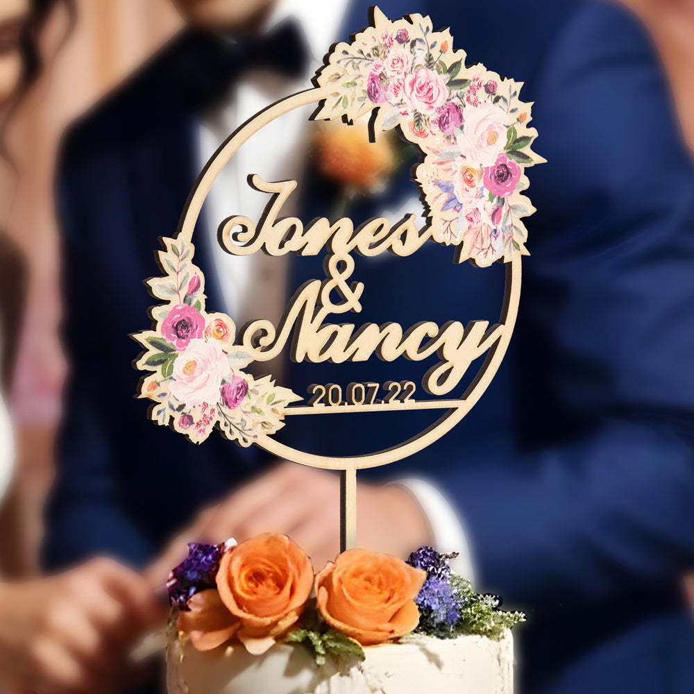 パーソナライズされたフラワーケーキトッパー カスタムネームケーキトッパー 結婚式用 -