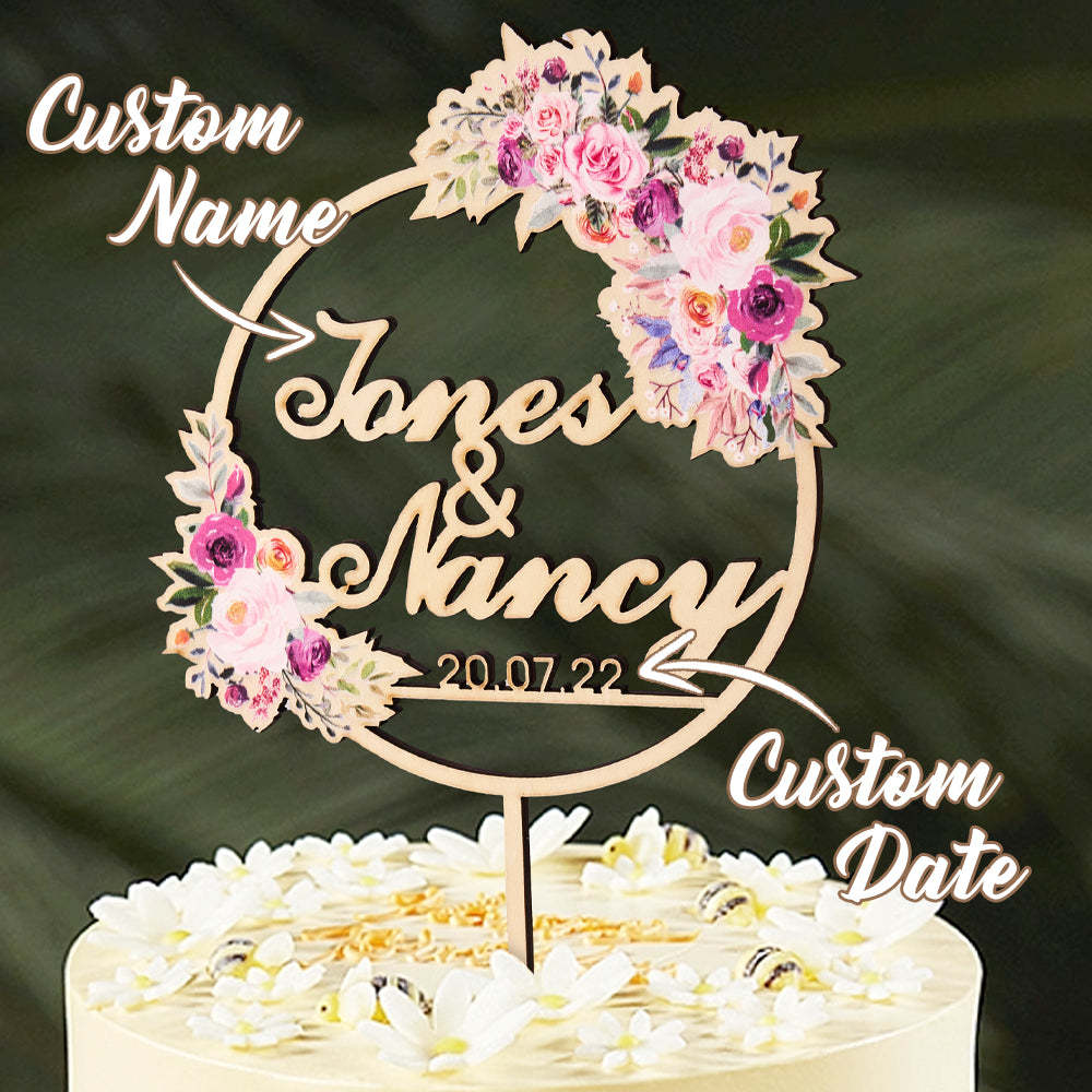 パーソナライズされたフラワーケーキトッパー カスタムネームケーキトッパー 結婚式用 -