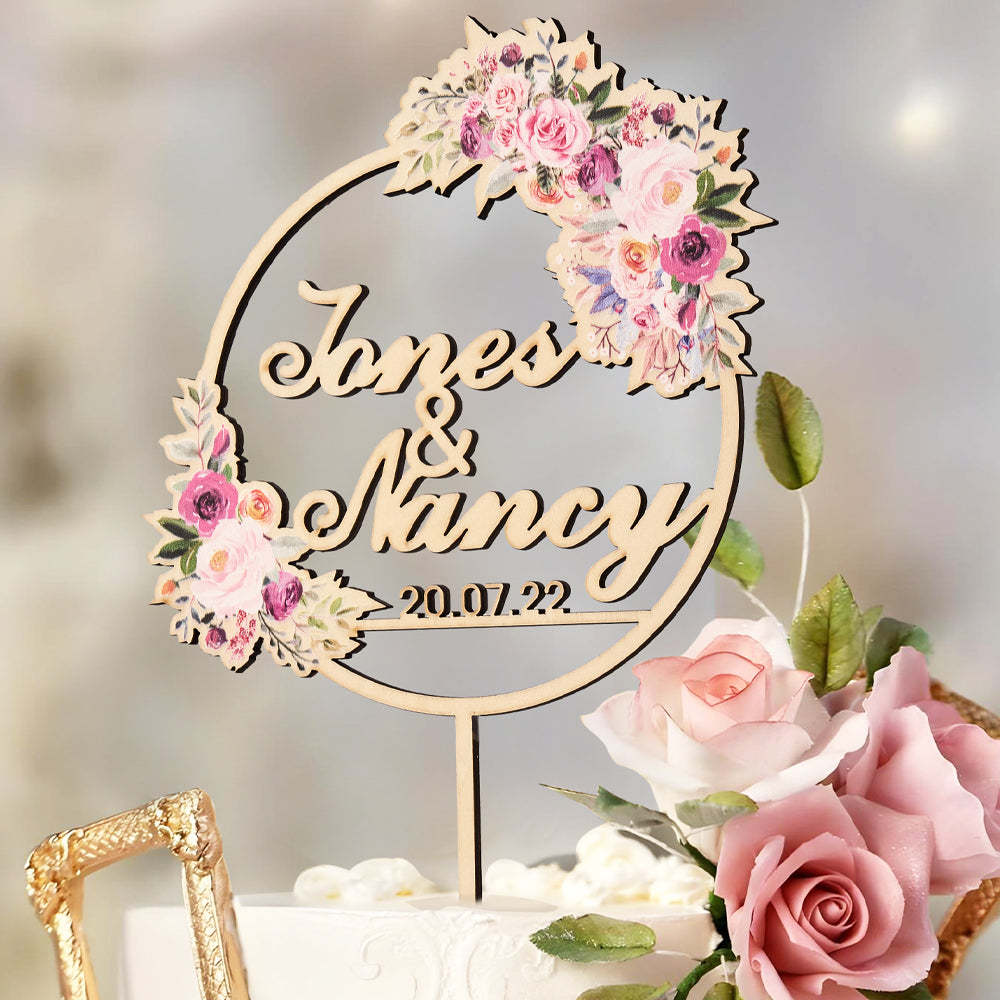 パーソナライズされたフラワーケーキトッパー カスタムネームケーキトッパー 結婚式用 - 