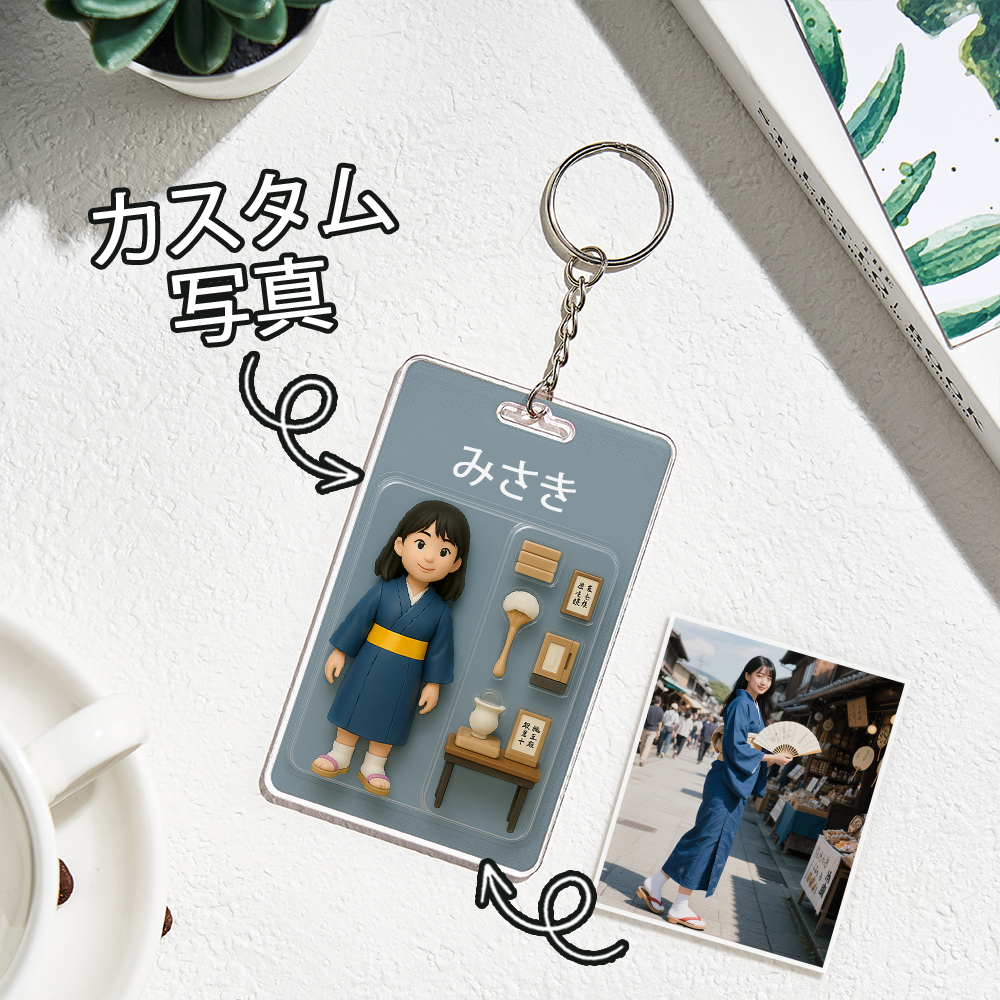 カスタム2d効果アクションフィギュアパックパッケージおもちゃ箱スタイルのアートギフトパーソナライズされたアクリルキーチェーンギフト母親への贈り物