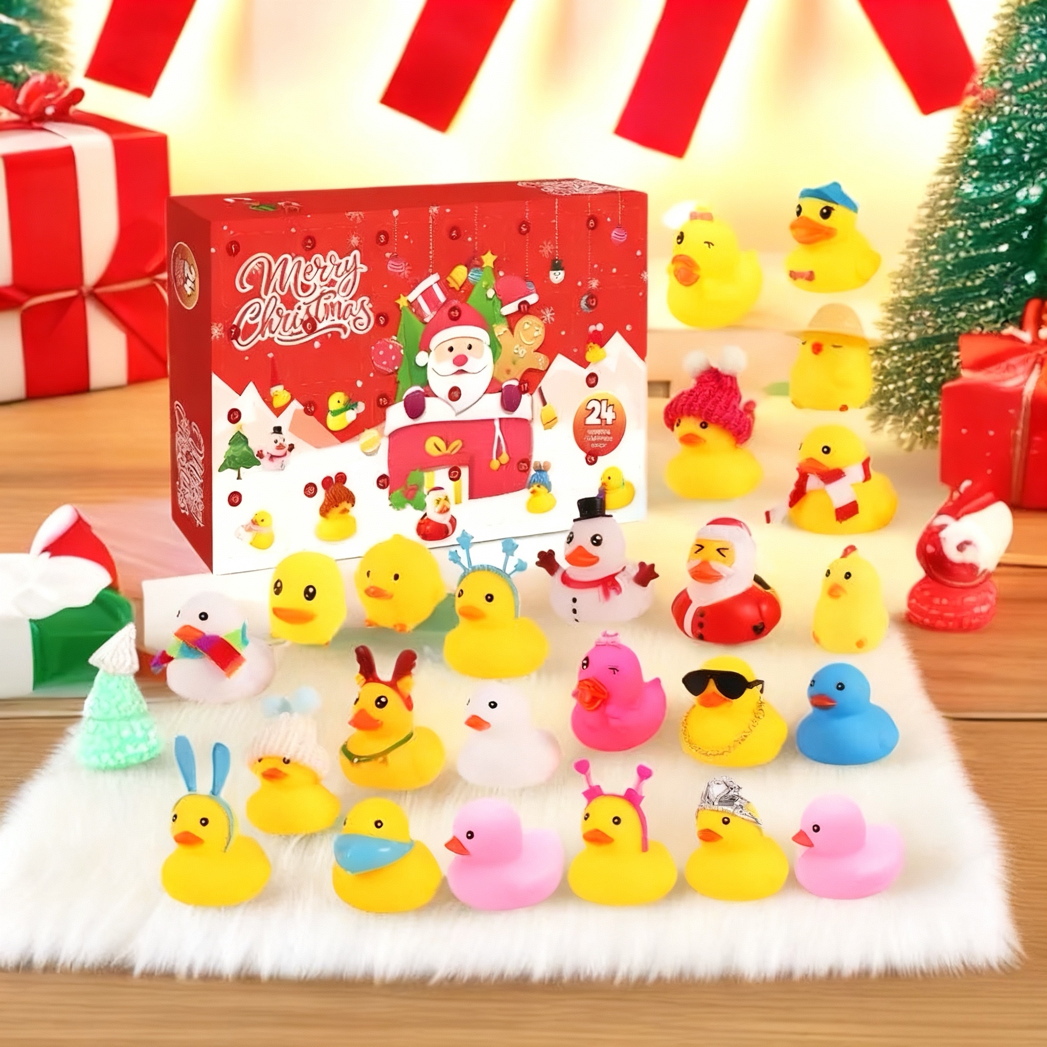 クリエイティブなゴム製アヒルのブラインドボックスアドベントカレンダー,クリスマスサプライズアヒル24羽,子供用コレクションおもちゃセット