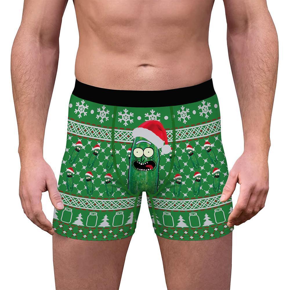 面白いメンズボクサーパンツ-クリスマス帽子が付けるキュウリさんが真ん中で見ている彼へのクリスマスプレゼントユニークなプレゼント