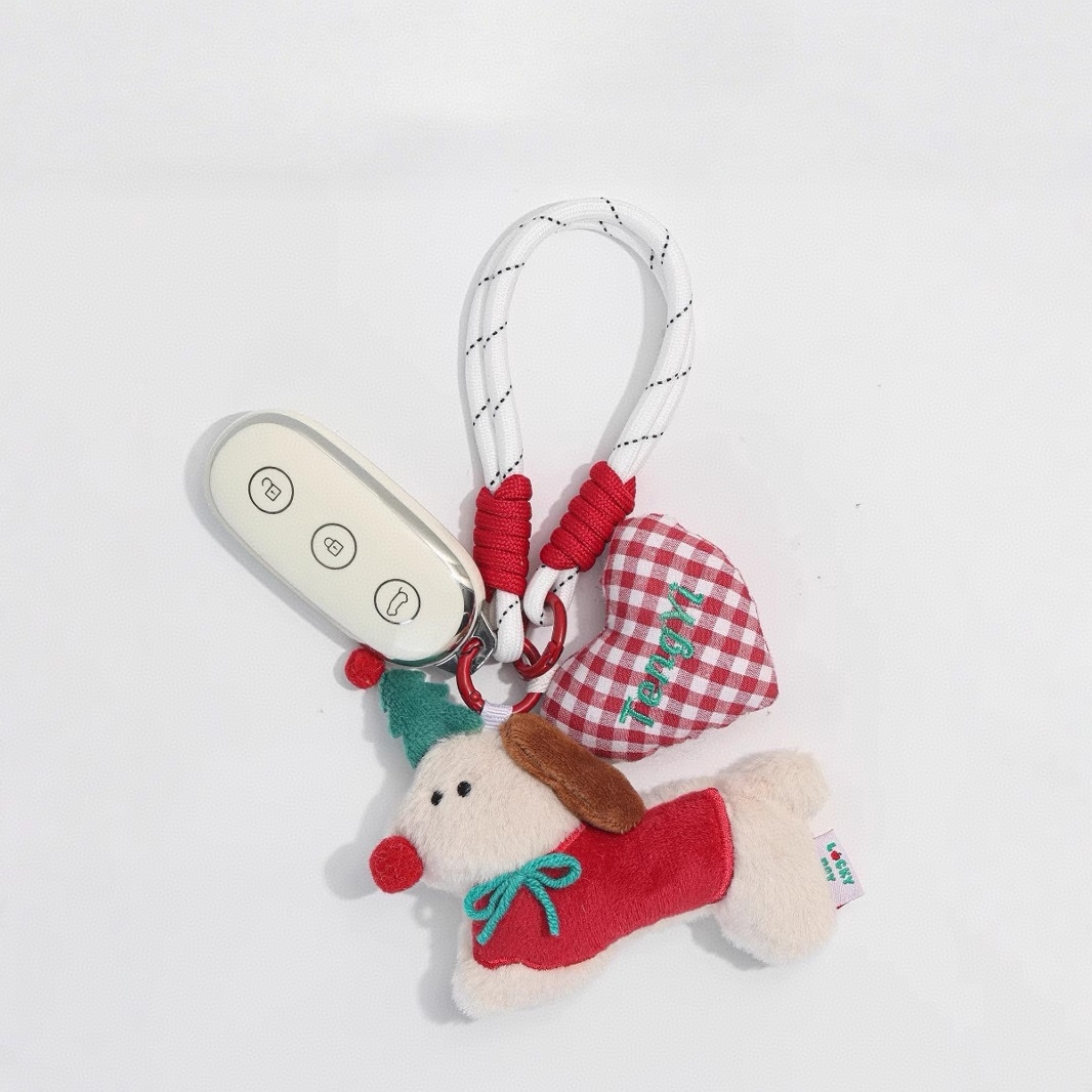 水玉模様のぬいぐるみ犬キーホルダー かわいい子犬バッグチャーム ソフトキーホルダー 女性用 クリスマス 新年ギフト - 