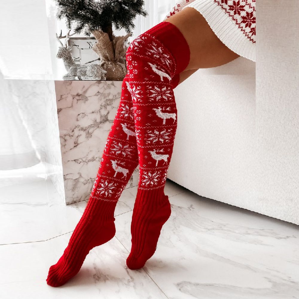 クリスマス雪柄エルクロングニットひざ丈重ね履きソックス女性用