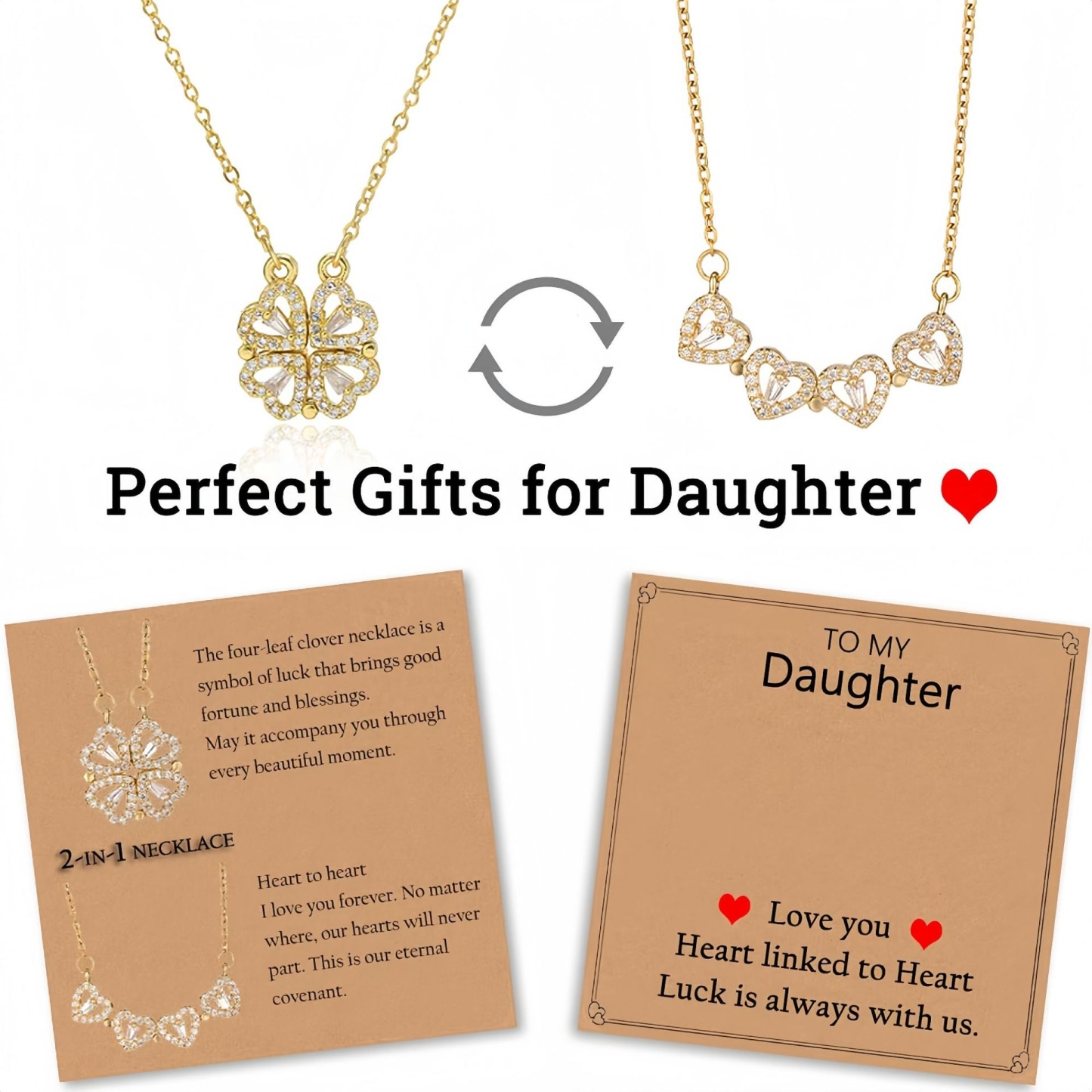 ダブルウェア ハートペンダントネックレス シックな四つ葉のクローバーデザイン スタイリッシュなギフト