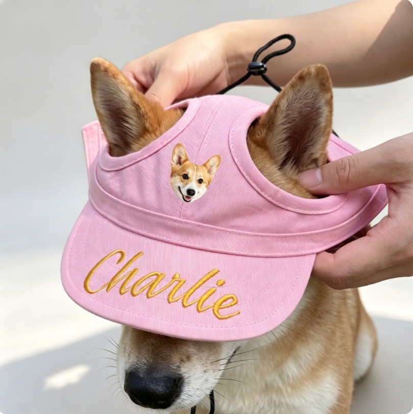 愛犬写真で作れる オリジナル犬用サンハット 名入れ刺繍 100%コットン 耳穴付き 調節可能 ペット用帽子 お散歩 日常使い 誕生日プレゼント