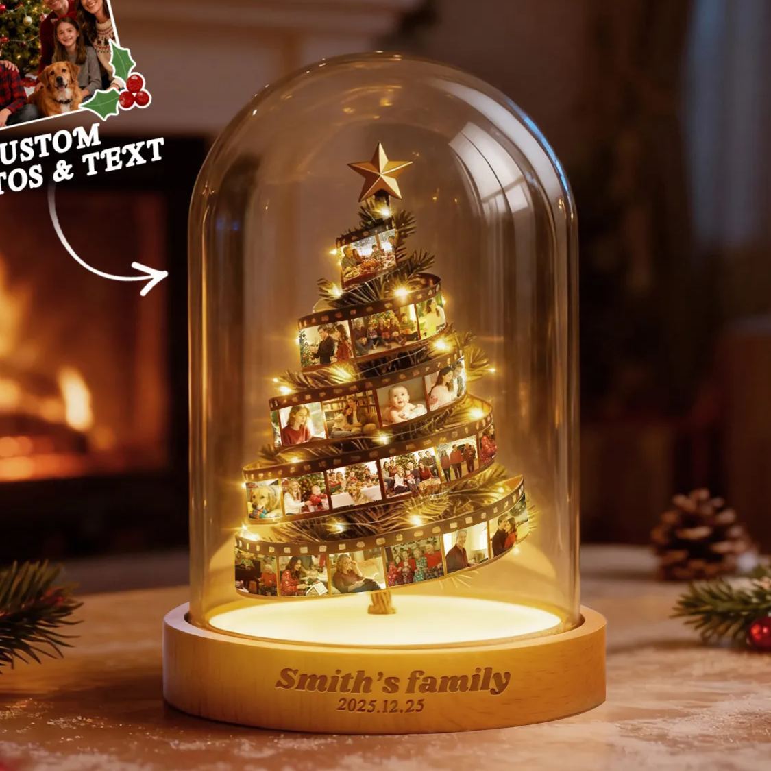 カスタムフォトフィルム クリスマスツリー ナイトライト パーソナライズされた家族の記念品 刻印入りベース付き クリスマスギフト - 