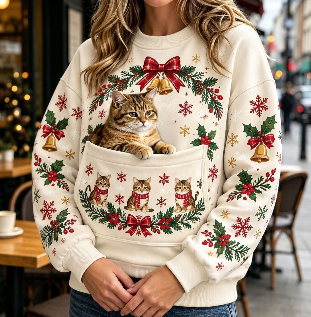 クリスマス猫柄パーカー｜ヴィンテージ風プリント 長袖フード付きスウェット ポケット付き ホリデーウェア