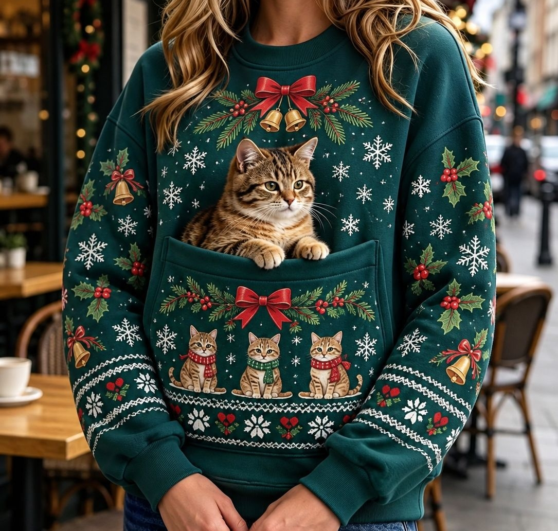 クリスマス猫柄パーカー｜ヴィンテージ風プリント 長袖フード付きスウェット ポケット付き ホリデーウェア