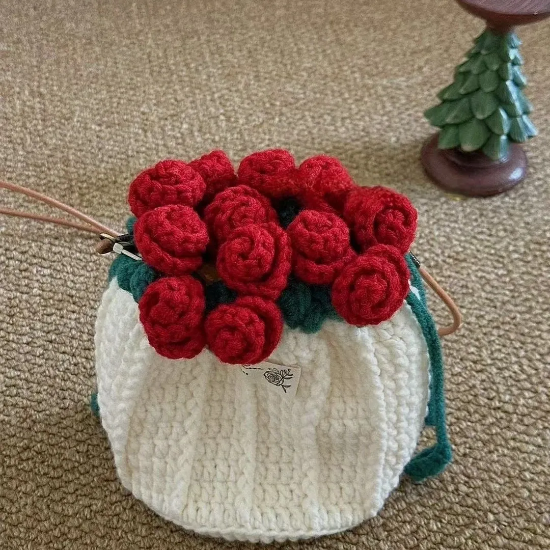 母の日ギフト 手作りローズ巾着バッグDIYキット かぎ針編み エコ素材 癒しのハンドメイド
