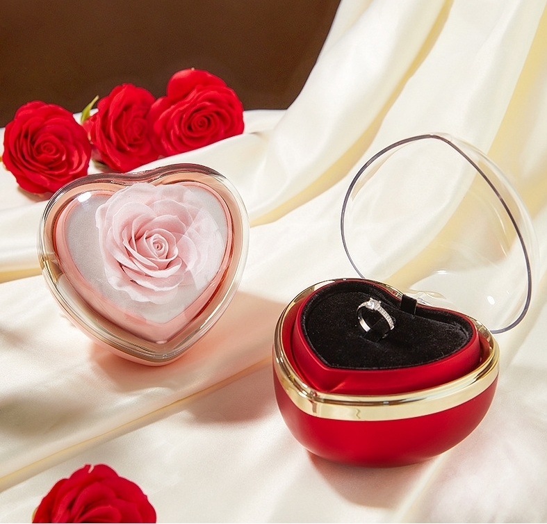 ハート型回転式バラジュエリーボックス,プリザーブドローズギフトボックス(隠しネックレス付き)