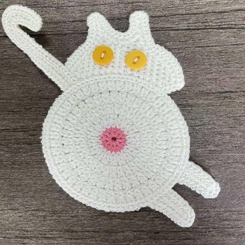 おもしろい猫のお尻コースター 手作りニットドリンクコースター 家庭用テーブル装飾用 かわいいかぎ針編み猫のお尻マット