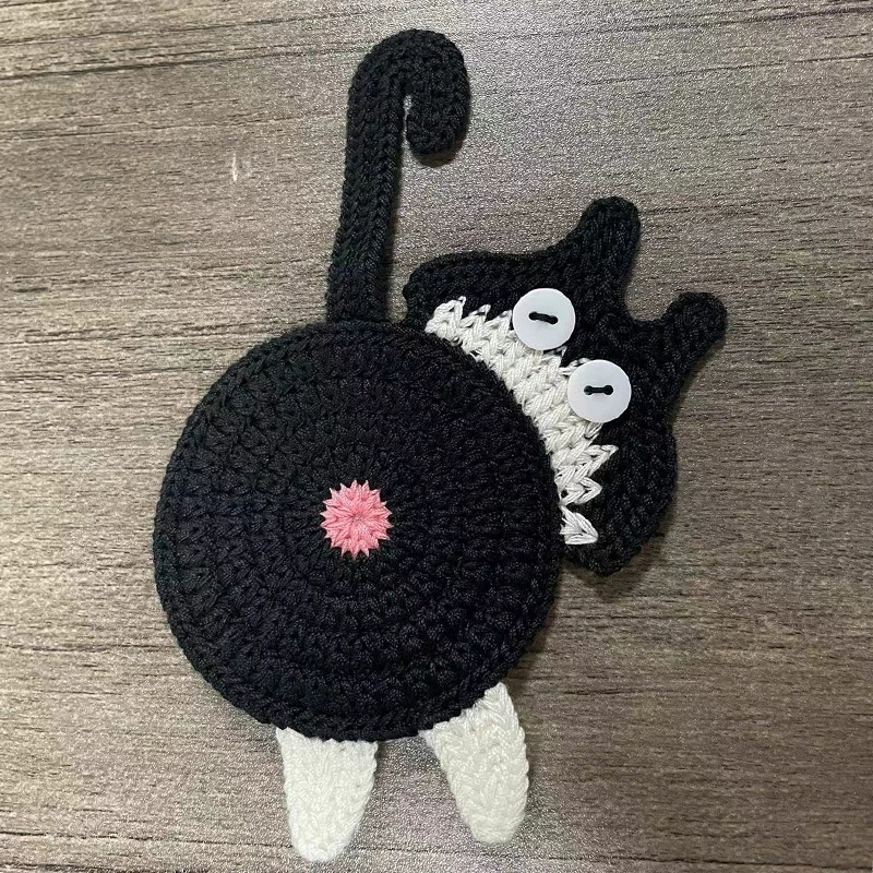 おもしろい猫のお尻コースター 手作りニットドリンクコースター 家庭用テーブル装飾用 かわいいかぎ針編み猫のお尻マット