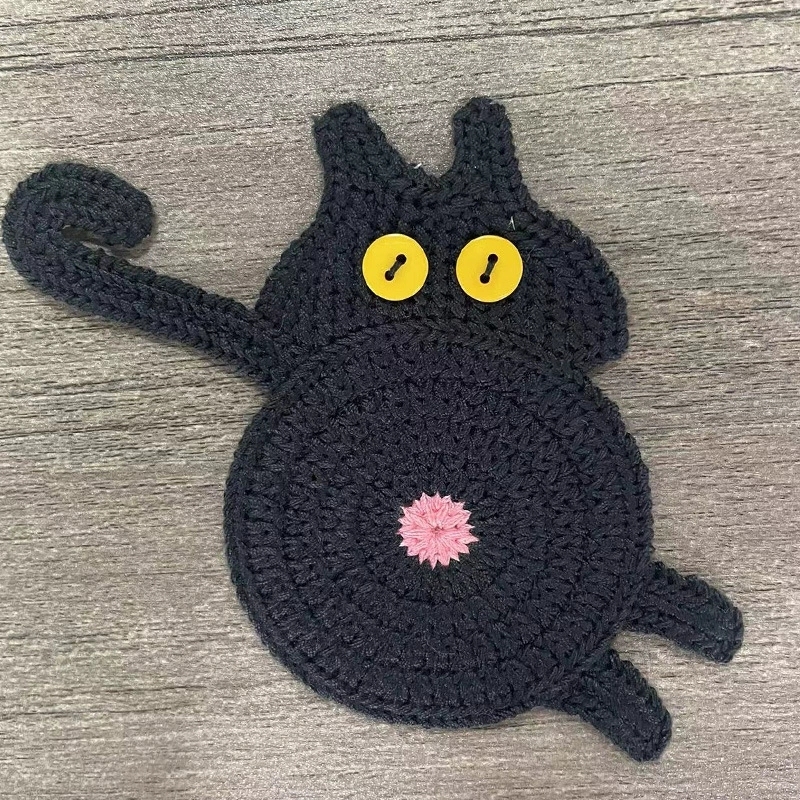 おもしろい猫のお尻コースター 手作りニットドリンクコースター 家庭用テーブル装飾用 かわいいかぎ針編み猫のお尻マット