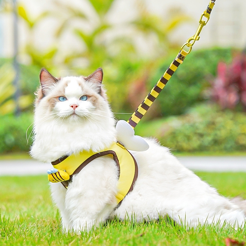 ミツバチ柄 ペット用ハーネス＆リードセット｜犬・猫用 胸当てハーネス お散歩リード付き 調節可能 小型犬・猫用