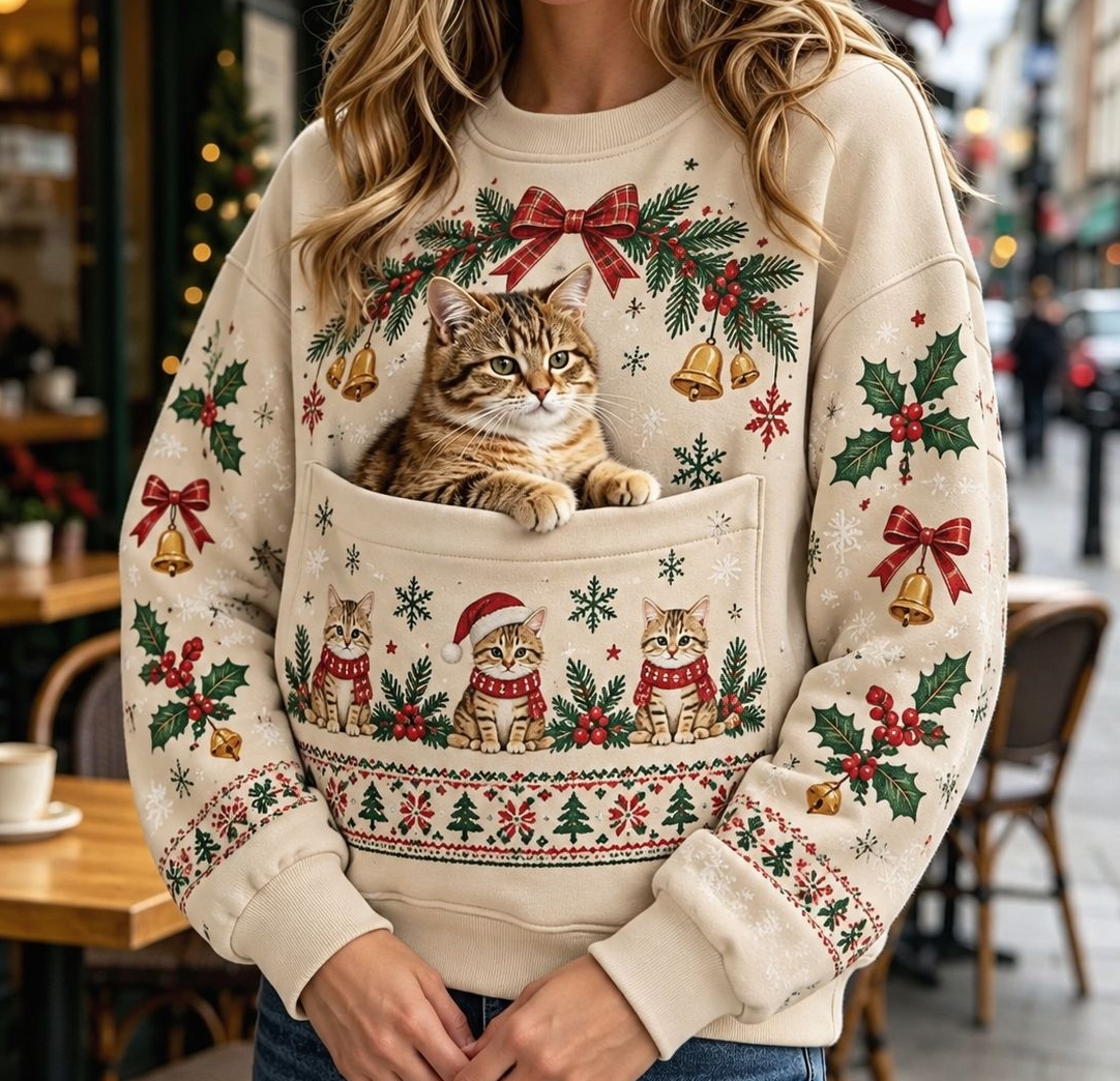 クリスマス猫柄パーカー｜ヴィンテージ風プリント 長袖フード付きスウェット ポケット付き ホリデーウェア