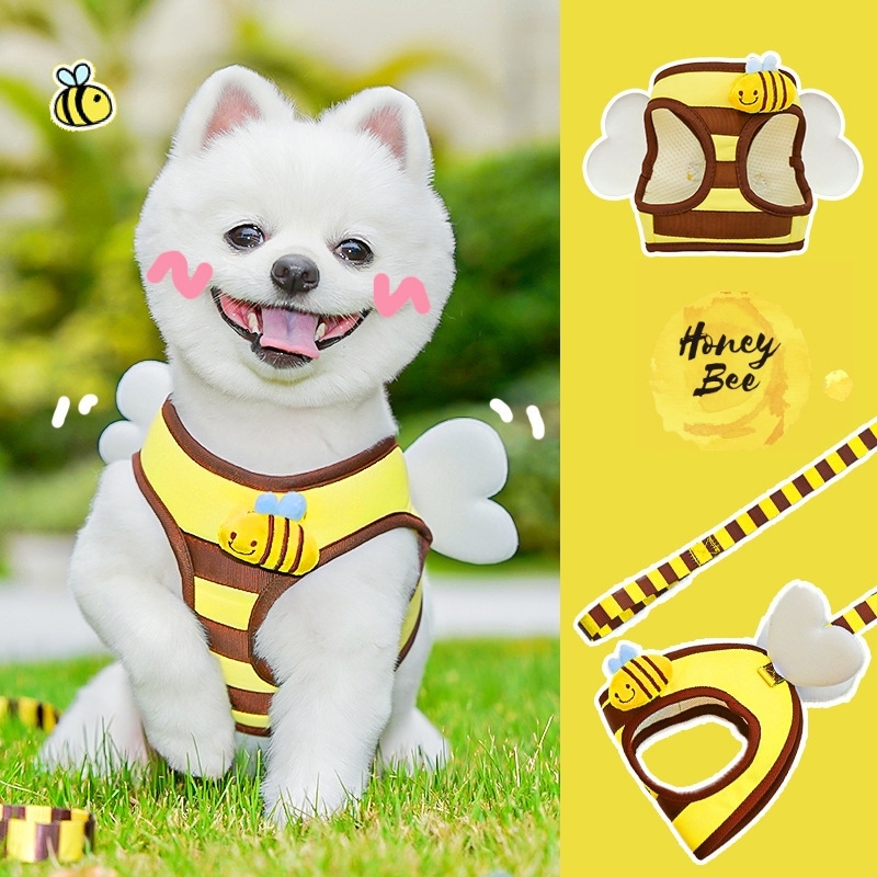 ミツバチ柄 ペット用ハーネス＆リードセット｜犬・猫用 胸当てハーネス お散歩リード付き 調節可能 小型犬・猫用