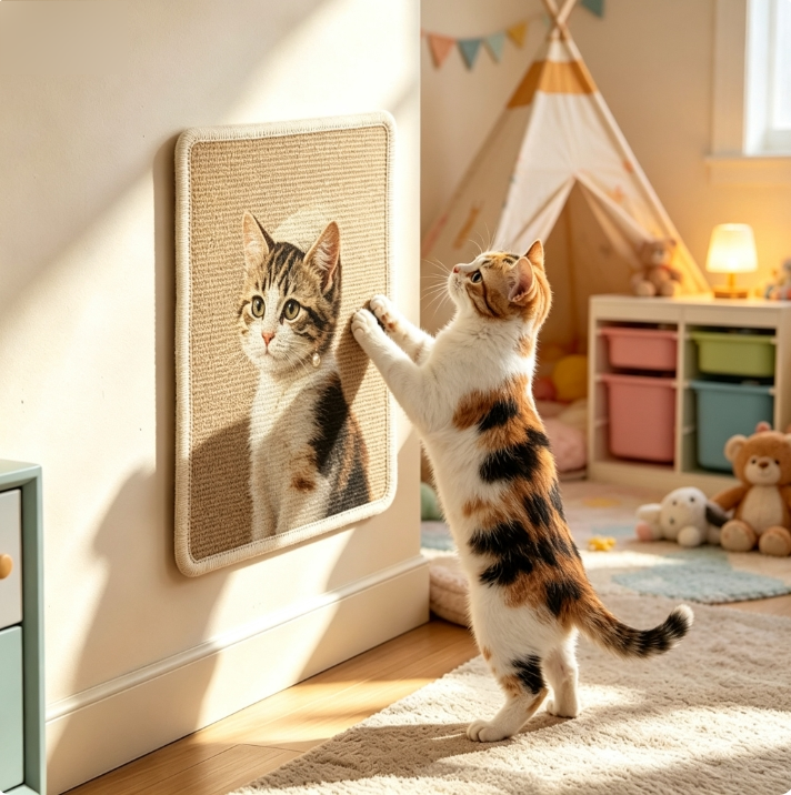 カスタム写真入り猫用爪とぎボード – 壁掛け式・縦型の丈夫なサイザル麻スクラッチボード