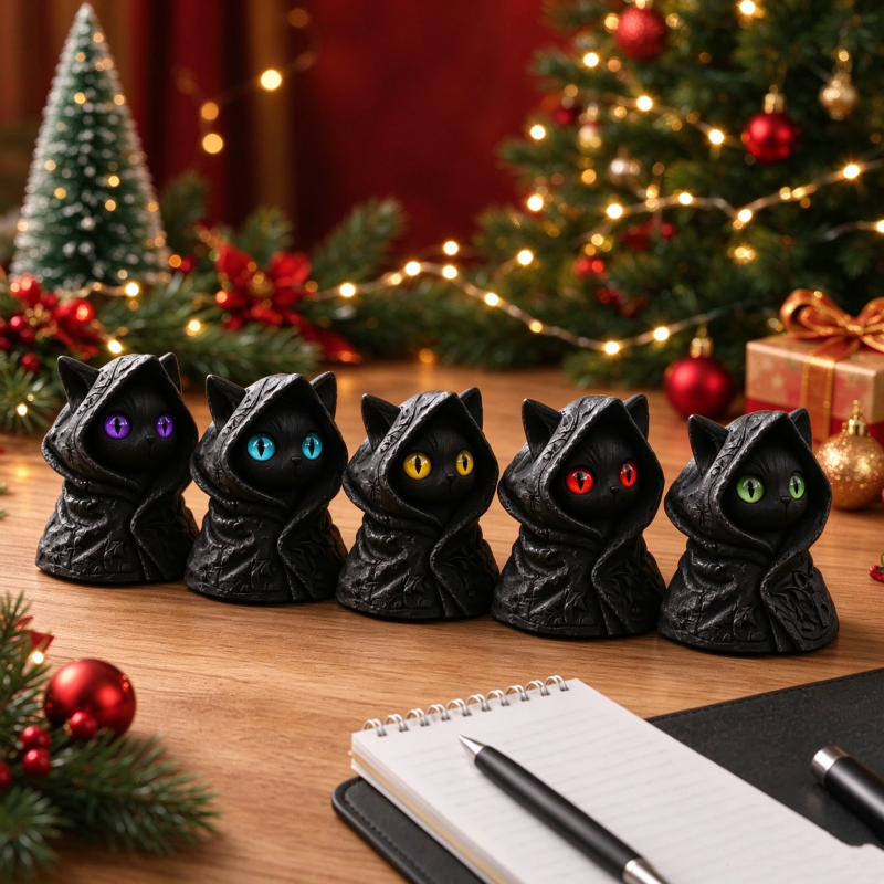 Mysterious Hooded Cat Figurine - Gothic Black Cat Statue, Fantasy Witchy Kitten Sculpture Home Decor, Perfect Gift for Cat Lovers Christmas Gift - MyMoonLampAu