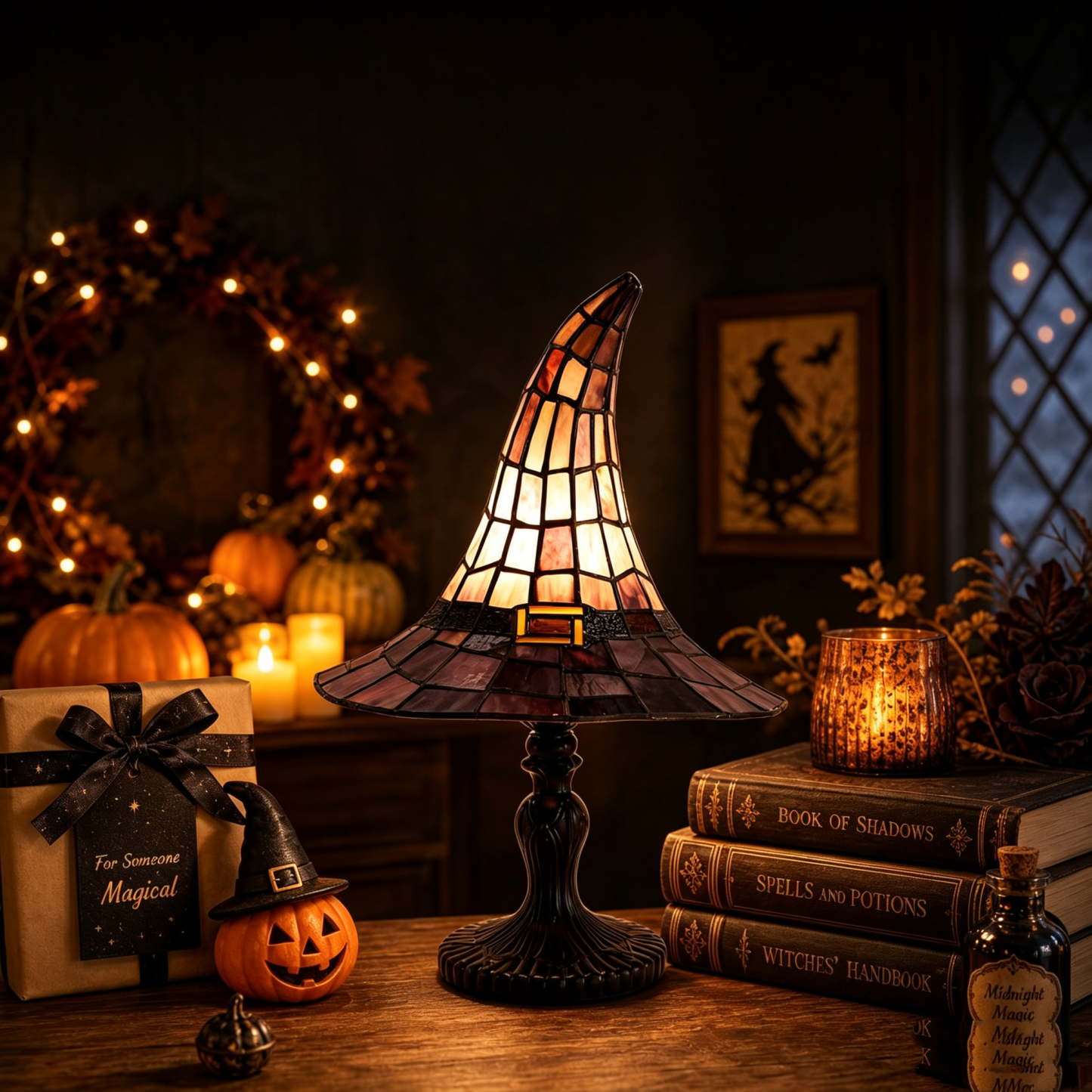 Stained Glass Witch Hat Lamp, Resin Decorative Table Light, Halloween Witch Hat Night Light, Fantasy Home Decor Accent Lamp - MyMoonLampAu