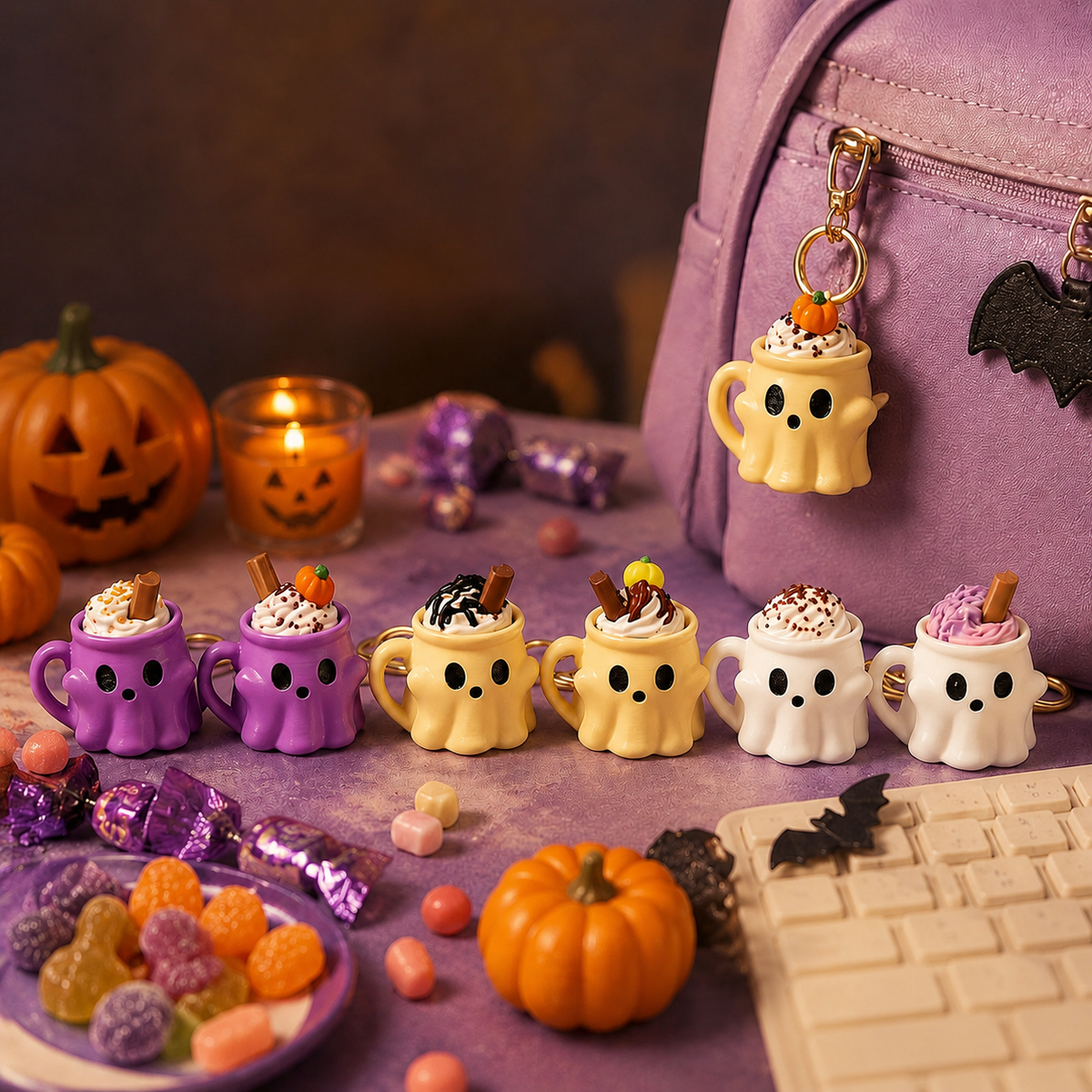 Ghost Ice Cream Keychain Cute Halloween-Themed Mug & Keyboard Fidget Charm, Fun Bag Pendant & Novelty Gift - MyMoonLampAu