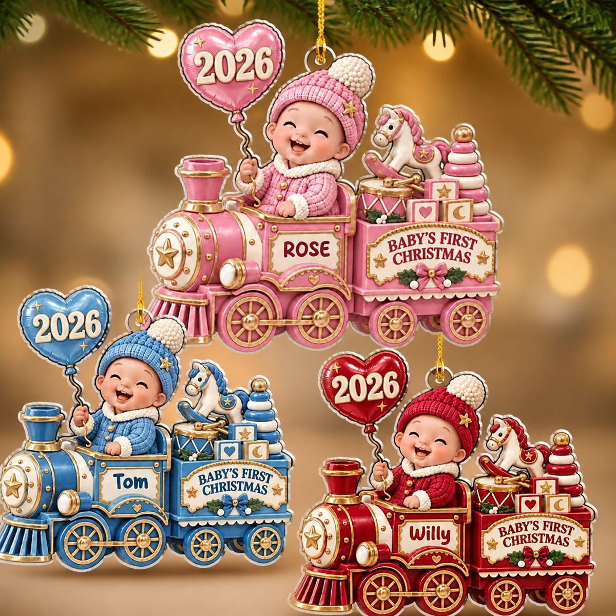 Personalized Baby First Christmas Ornament - Train Design for New Parents, Holiday Gift 2026 - MyMoonLampAu