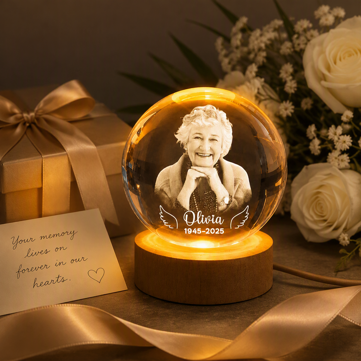 Personalized Angel Wings Crystal Ball LED Night Light, Custom Photo Memorial Gift for Family, Forever Remembered Remembrance Keepsake - MyMoonLampAu