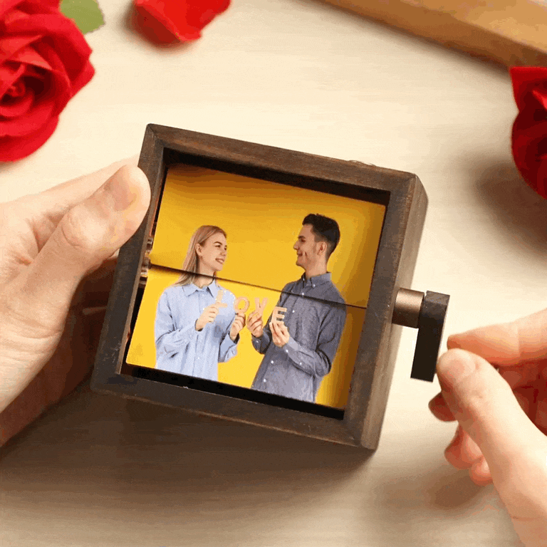 Anniversary Gift Custom Hand-Crank Flipbook Box Animation Machine Mechanical Hand-cranked Photo Album with Light Black Walnut Baby Photo Cube Frame Gift for Kids - MyMoonLampAu