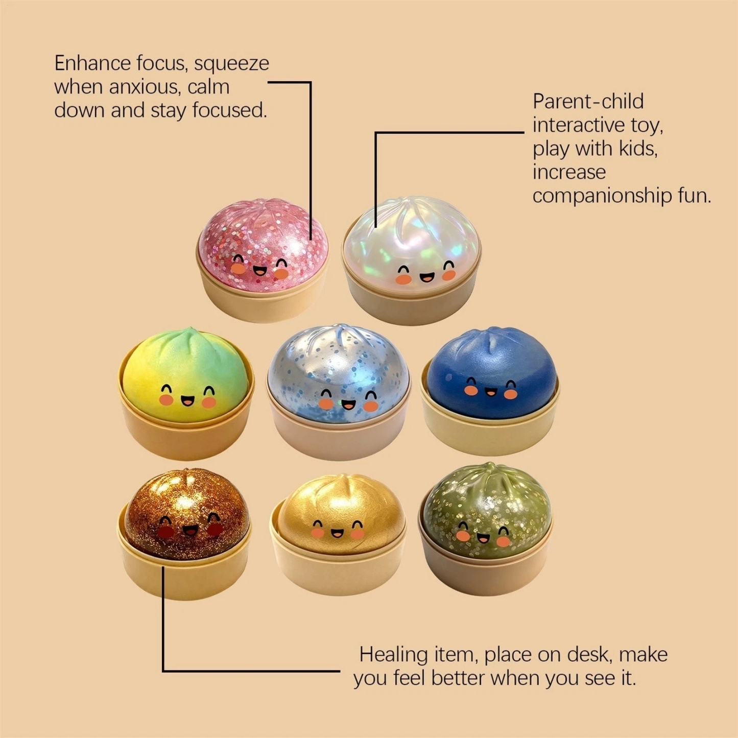 Glitter Dumpling Squishy Toys Steamed Bun Sensory Stress Relief Ball Novelty Desk Soft Squeeze Decompression Gift - MyMoonLampAu