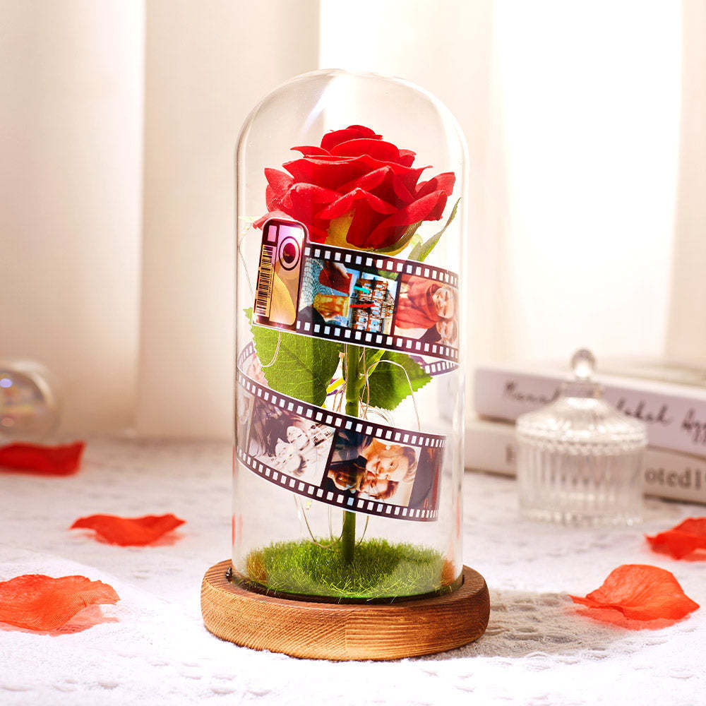 Custom Rose Flower in Glass Led Lamp Photo Album with Film Black Base - Gift for Her