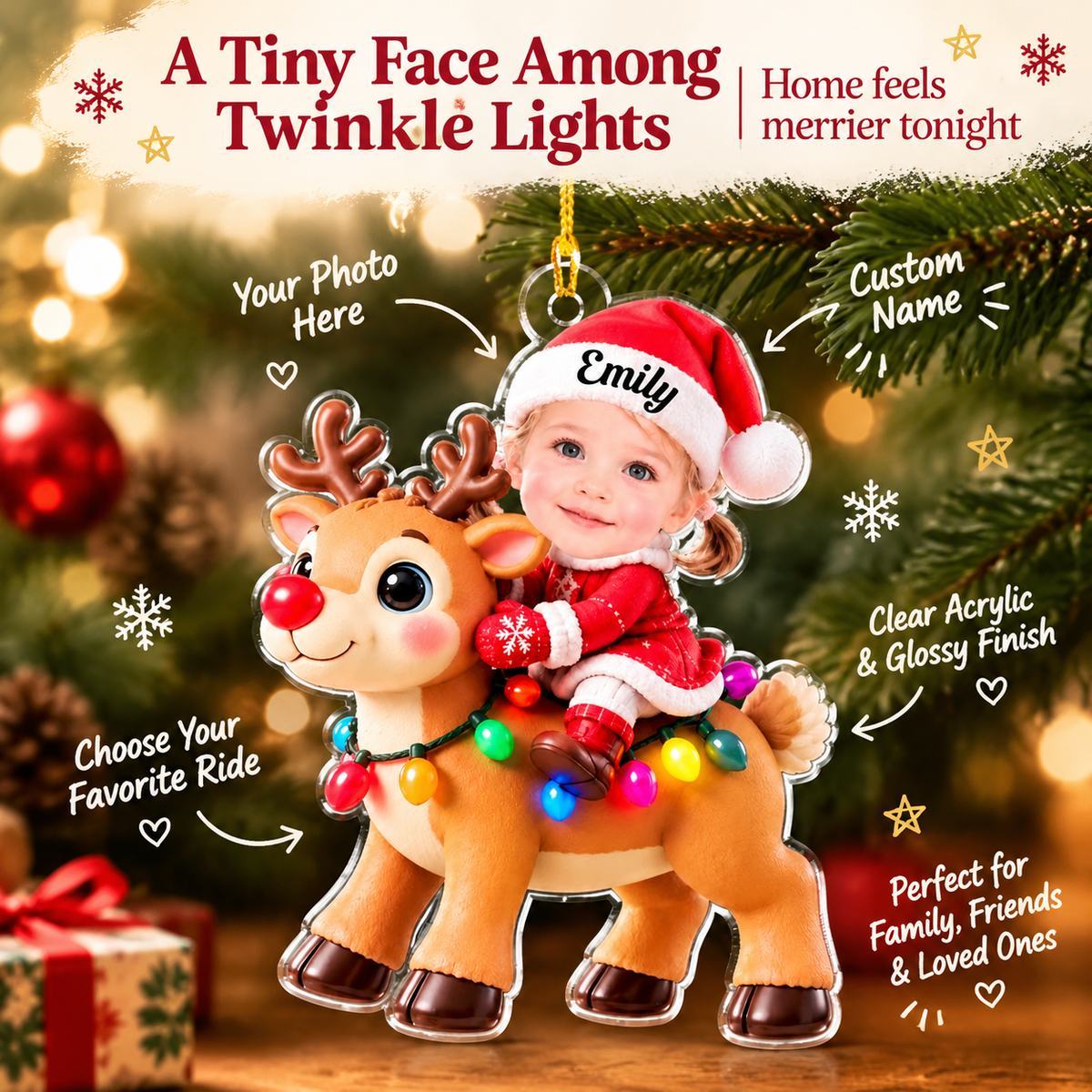 Personalized Christmas Ornament for Kids – Custom Name Reindeer Ride Decor with LED Lights - MyMoonLampAu