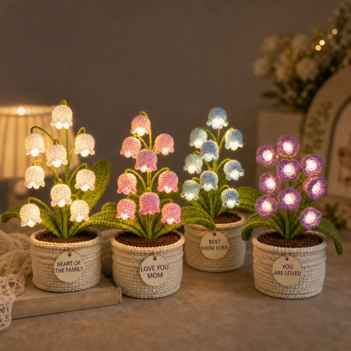 Crocheted Rose/Lily of the Valley Romantic LED Night Light Glowing Knit Flower for Her - MyMoonLampAu