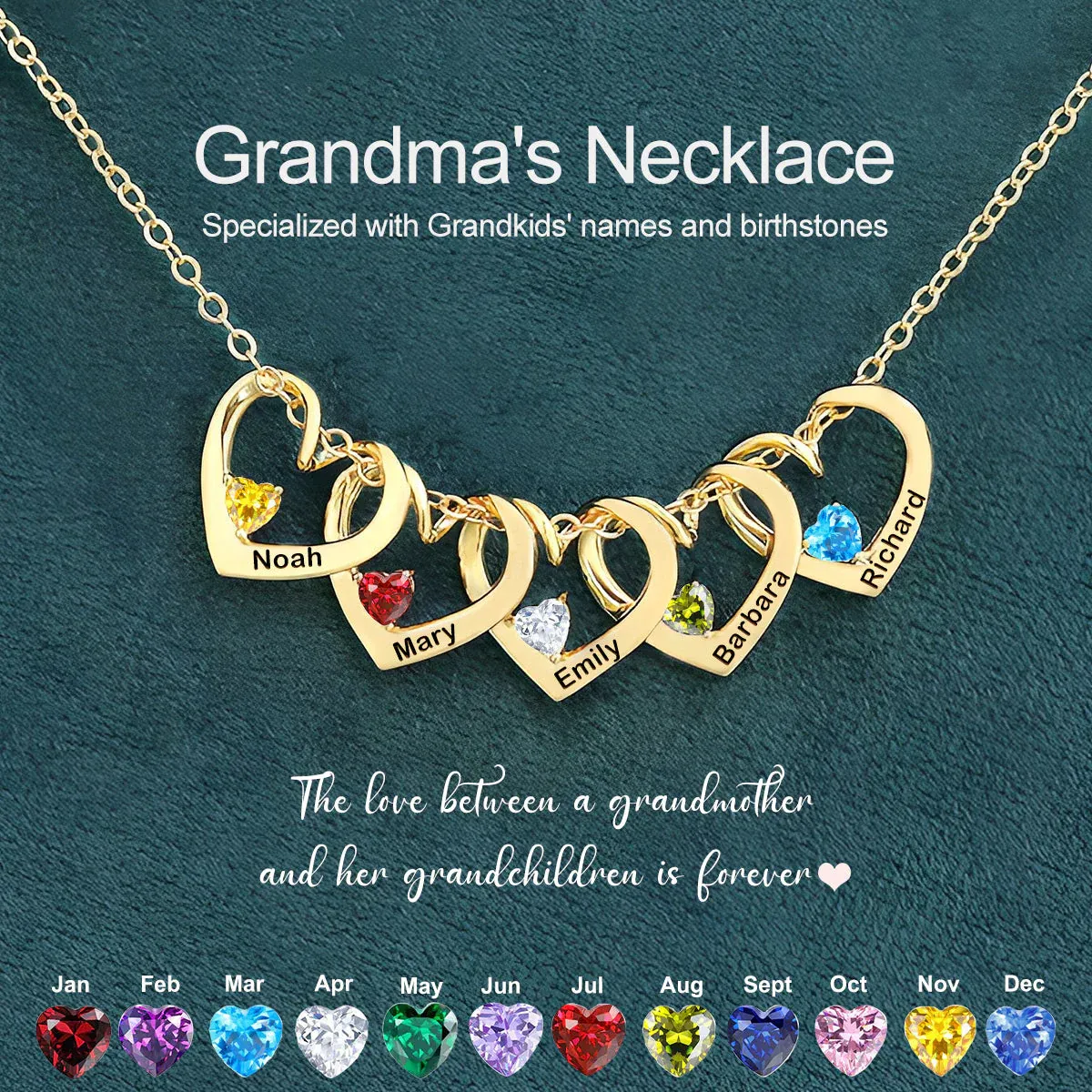 Personalized Heart Name Birthstone Necklace For Mom Grandma