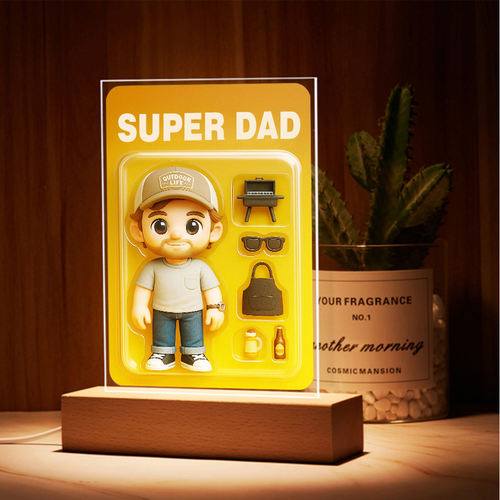 Father's Day Gift Fully Body Custom 3D Effect Action Figure Pack Packaging Toy Box Style Art Gift Personalized 2D Printing Acrylic Night Light Gift for Dad