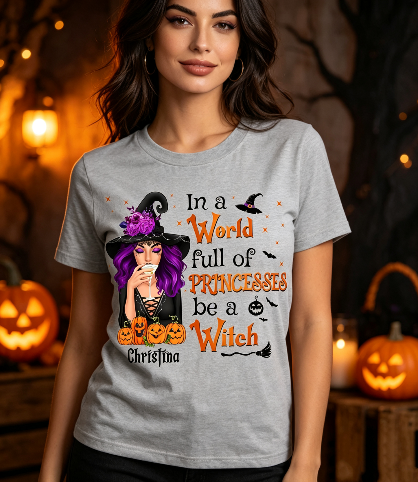 Personalized "In a World Full of Princesses, Be a Witch" Halloween T-Shirt – Unisex Spooky Graphic Tee, Funny Halloween Gift for Women & Men - MyMoonLampAu
