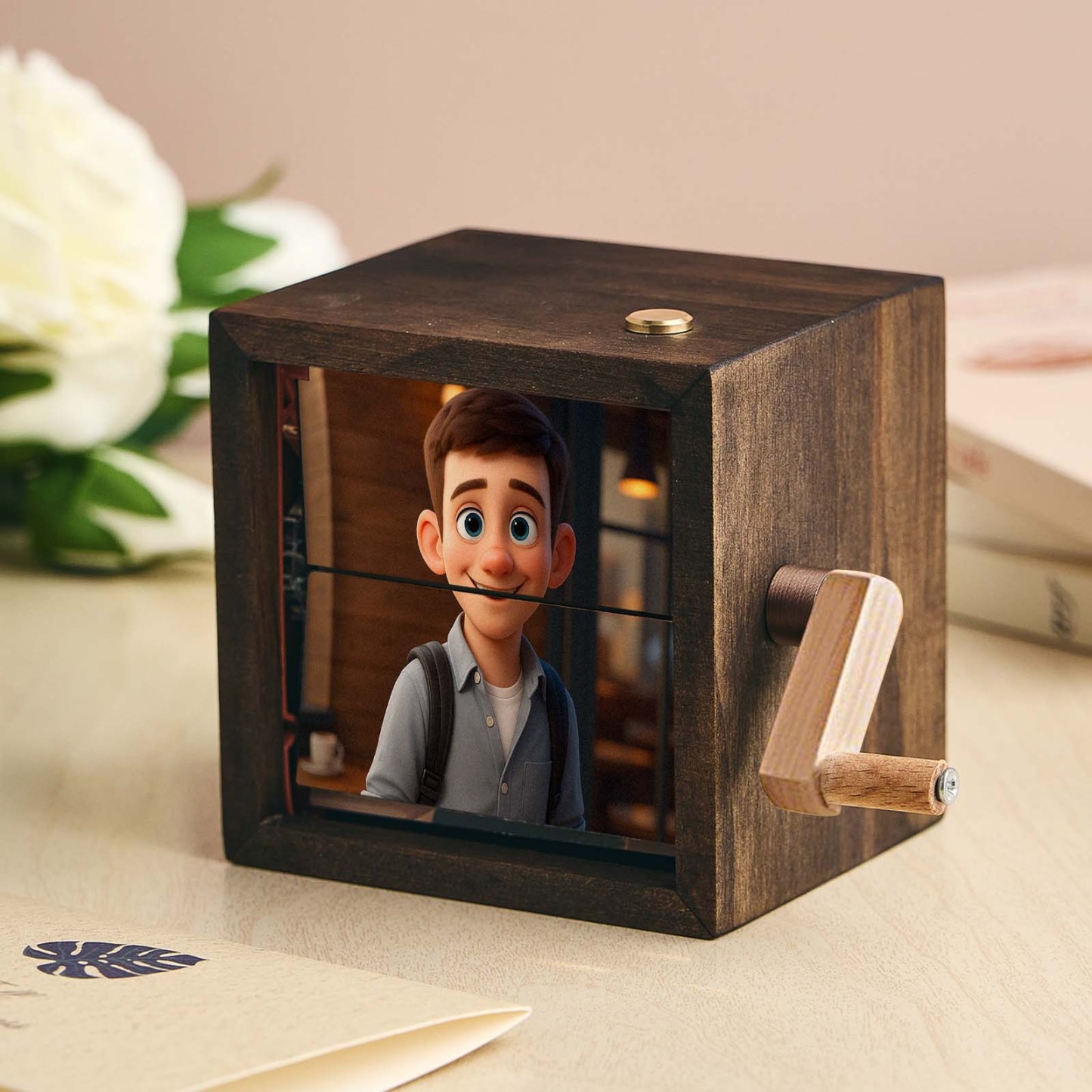 Custom Anime Hand-Crank Flipbook Box Mechanical Hand-cranked Photo Album with Light Walnut Baby Photo Cube Frame Creative Gift - MyMoonLampAu