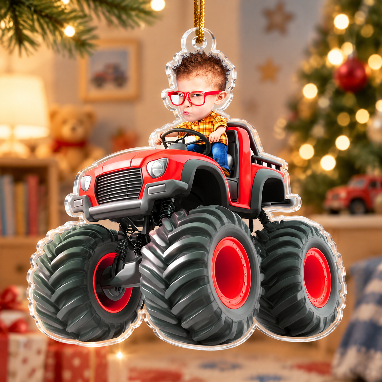 Custom Face Kid Riding Monster Truck Personalized Acrylic Photo Ornament – Kids & Toddler Christmas Gift, Birthday Keepsake - MyMoonLampAu
