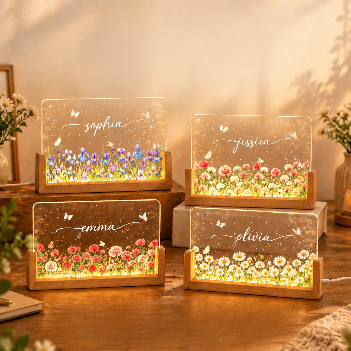 Birth Month Flower Watercolor Blooming In Love - Personalized Acrylic LED Night Light - Special Gift For Friends, Lovers, Family Members - MyMoonLampAu