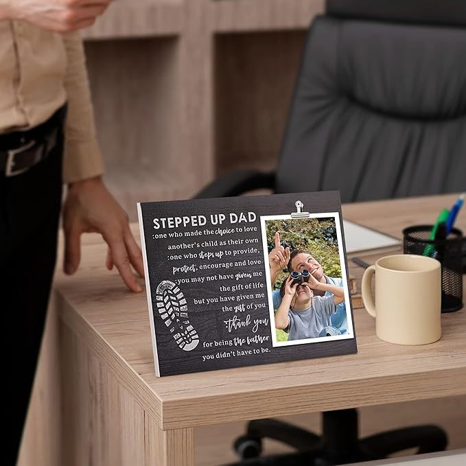 Stepped Up Dad Wood Frame Stepdad Birthday Gift for Daughter & Son