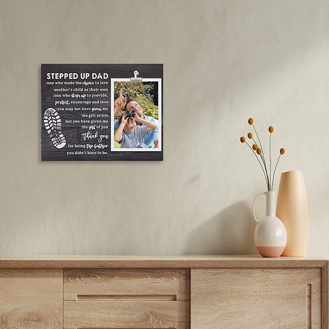Stepped Up Dad Wood Frame Stepdad Birthday Gift for Daughter & Son