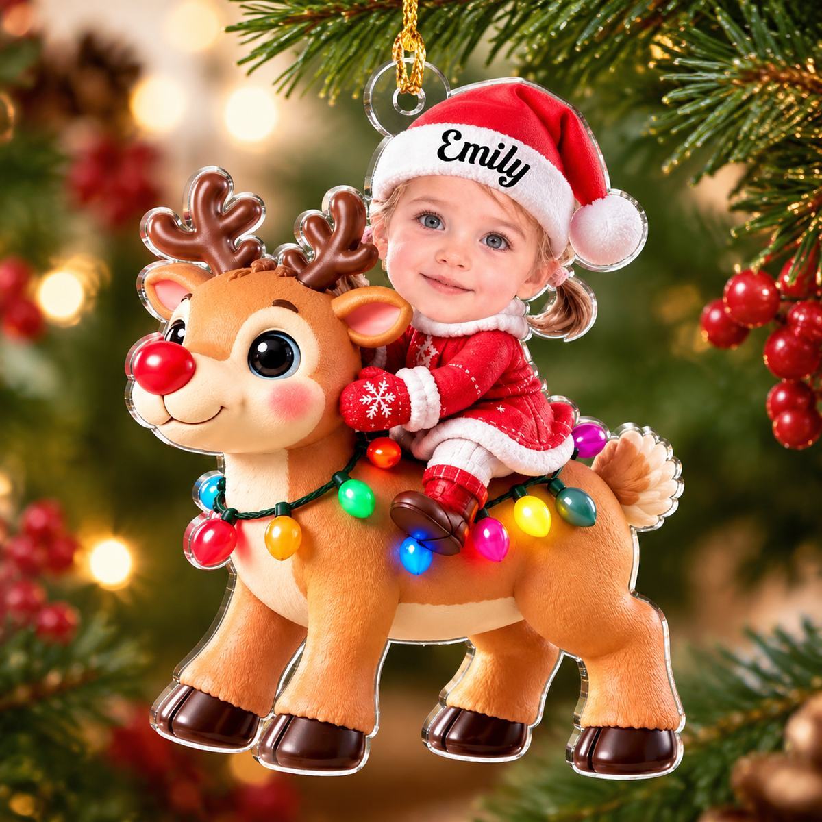 Personalized Christmas Ornament for Kids – Custom Name Reindeer Ride Decor with LED Lights - MyMoonLampAu