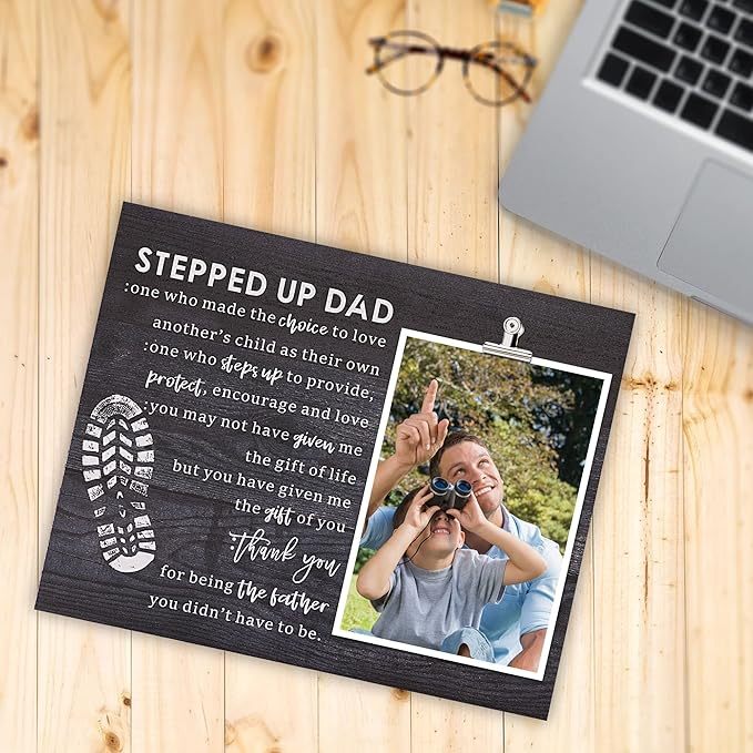 Stepped Up Dad Wood Frame Stepdad Birthday Gift for Daughter & Son