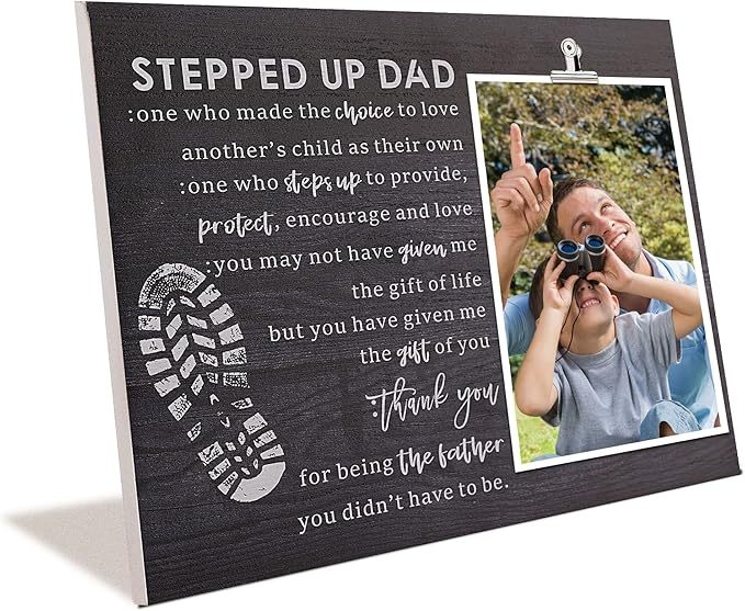 Stepped Up Dad Wood Frame Stepdad Birthday Gift for Daughter & Son