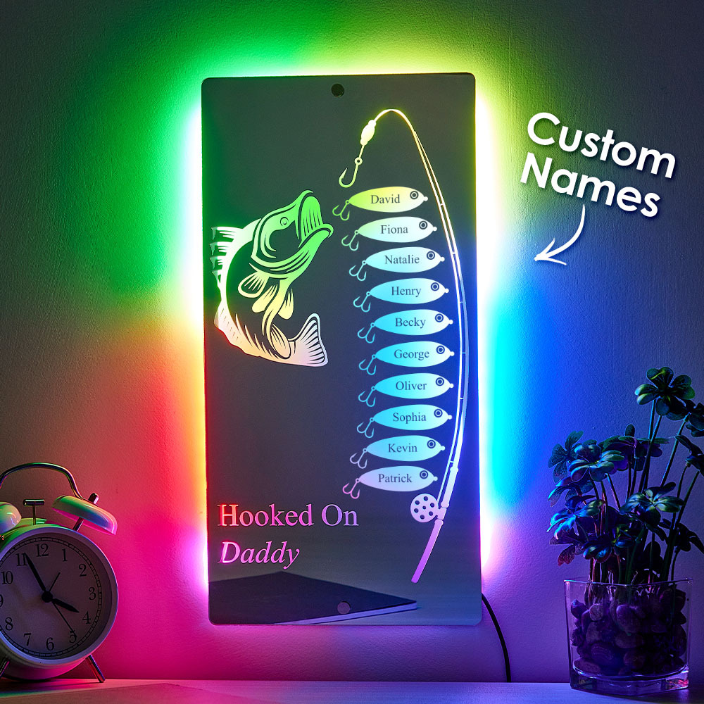 Personalized Hooked On Daddy Mirror Light Custom Name Light Up Mirror Father's Day Gifts - MyMoonLampAu