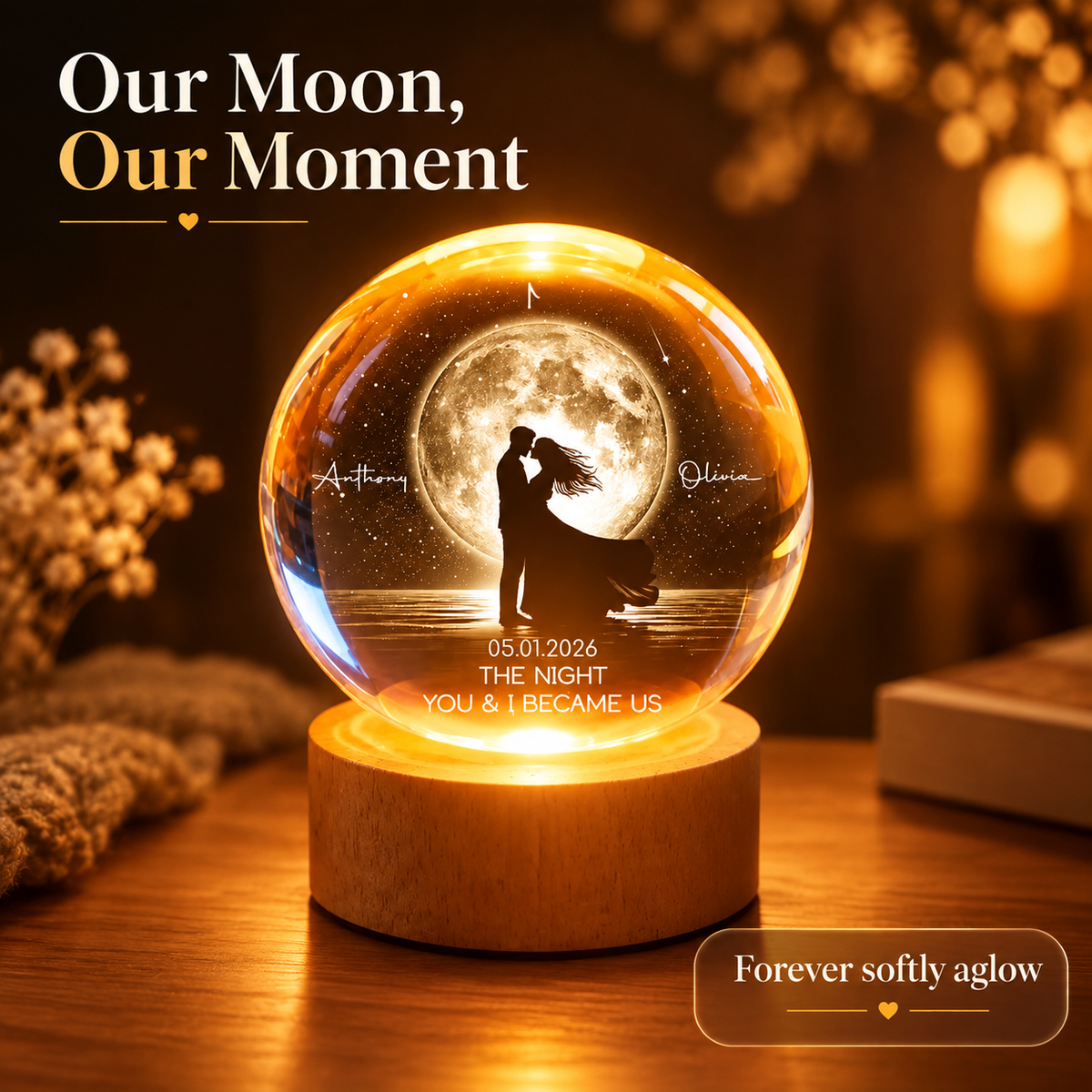 Moonphase Couple Kissing Under the Moonlight – Personalized Crystal Ball LED Night Light – Romantic Keepsake Gift for Husband, Wife, and Couples - MyMoonLampAu