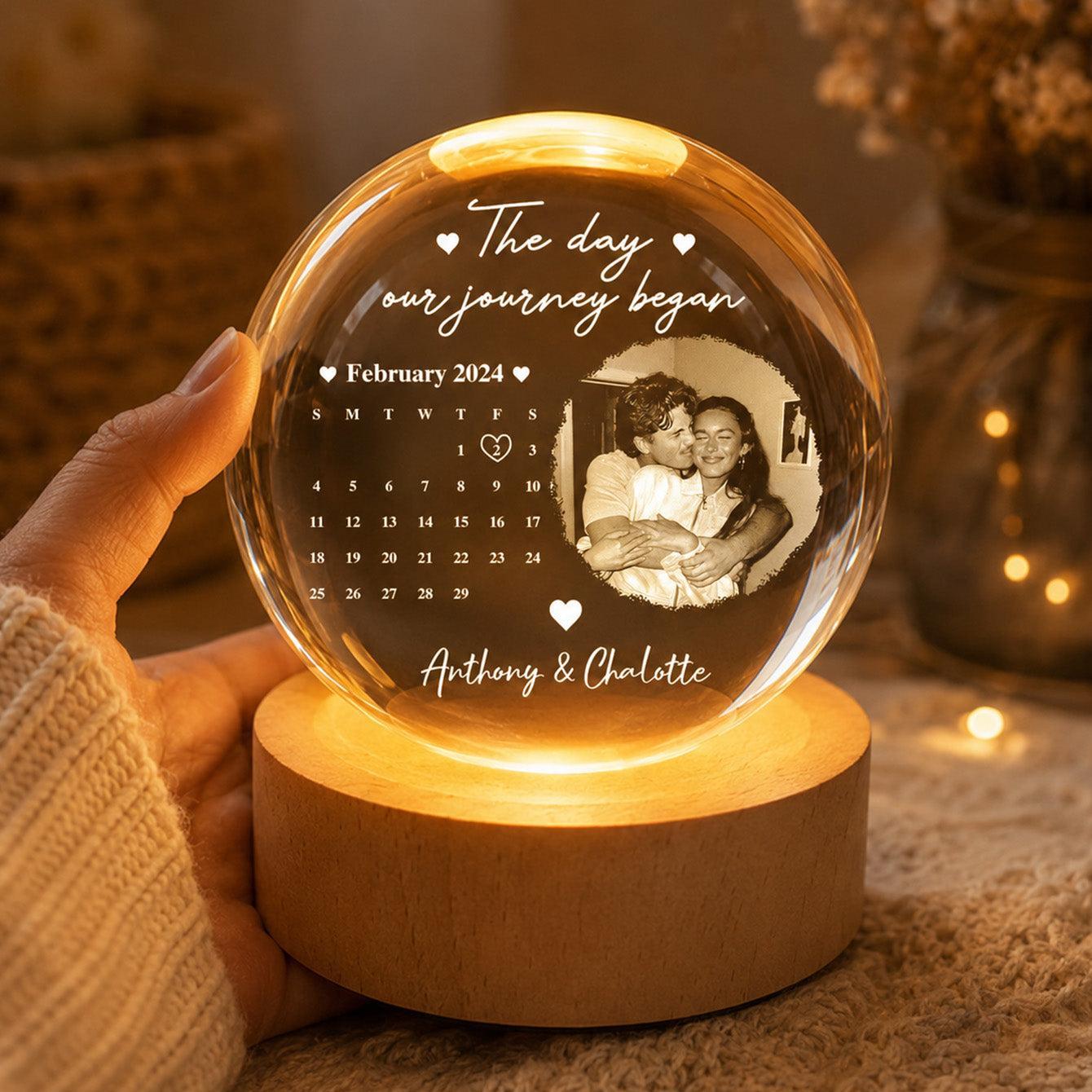 Custom Photo Our Journey Began Calendar Night Light - Personalized Crystal Ball LED Night Light - Sweet Love For Couple, Wife, Husband - MyMoonLampAu