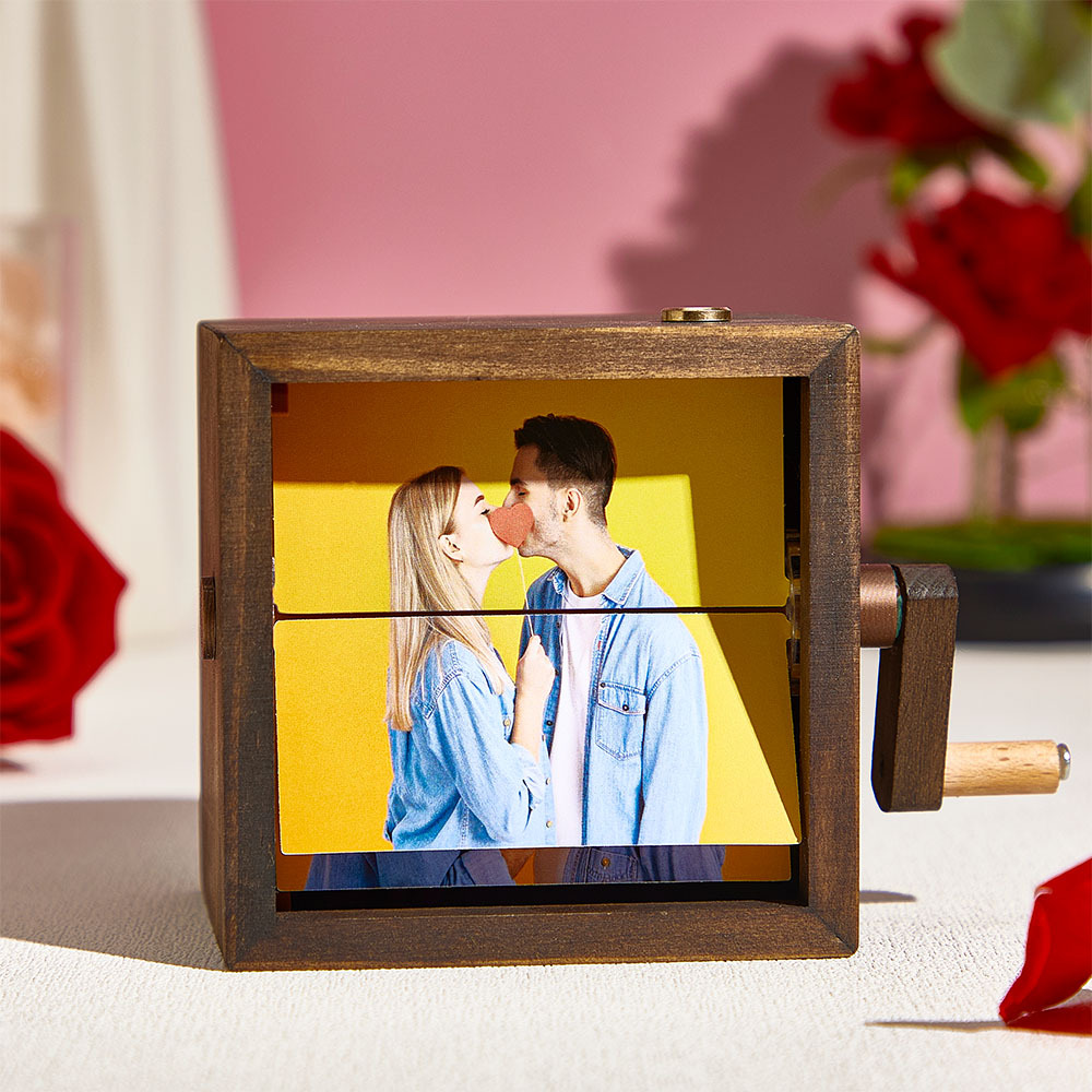 Anniversary Gift Custom Hand-Crank Flipbook Box Animation Machine Mechanical Hand-cranked Photo Album with Light Black Walnut Baby Photo Cube Frame Gift for Kids - MyMoonLampAu